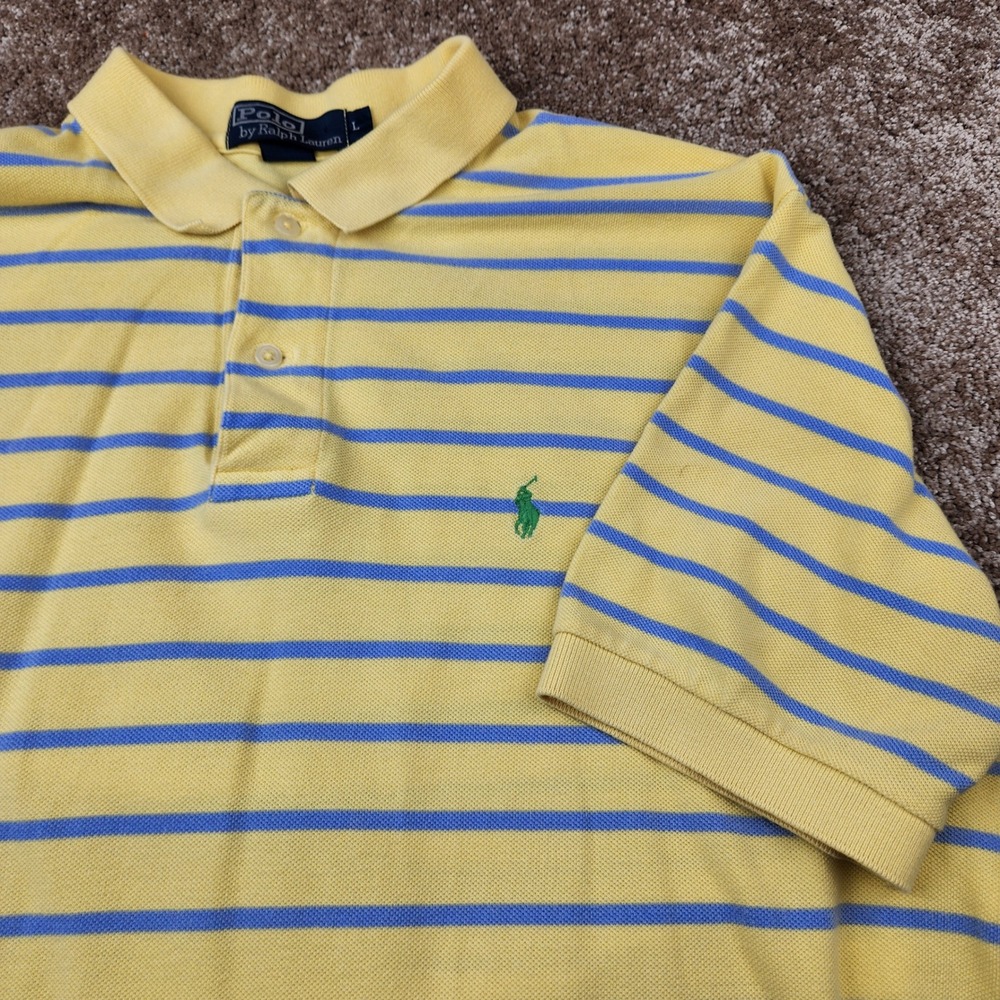 Polo Ralph Lauren Mens Large Yellow Blue Striped Short Sleeve Pique Polo Shirt